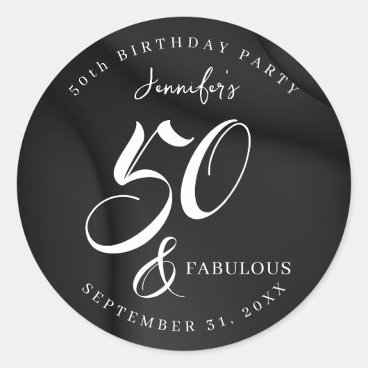 Modern Elegant Black White Fifty Fabulous Birthday Ronde Sticker (Voorkant)