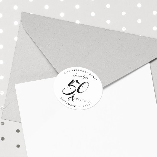 Modern Elegant Black White Fifty Fabulous Birthday Ronde Sticker