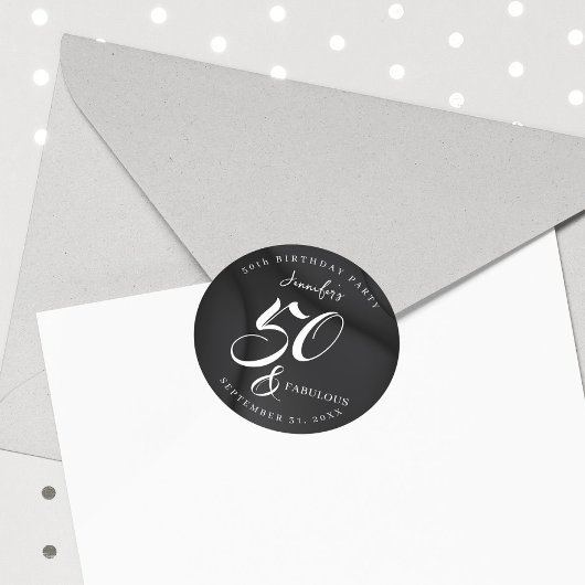 Modern Elegant Black White Fifty Fabulous Birthday Ronde Sticker