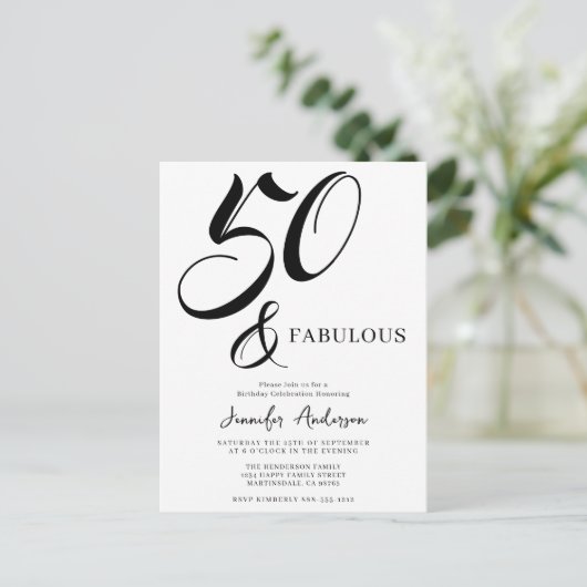 Modern Elegant Black White Fifty Fabulous Birthday Uitnodiging Briefkaart (Staand voorkant)