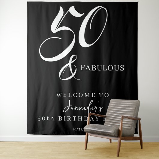 Modern Elegant Black White Fifty Fabulous Birthday Wandkleed (In situ)