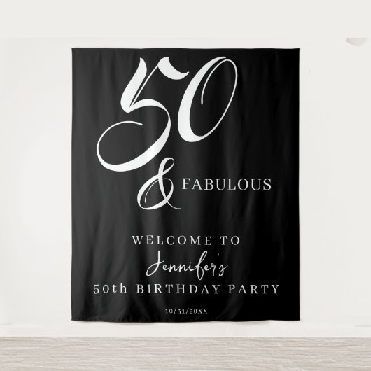 Modern Elegant Black White Fifty Fabulous Birthday Wandkleed (Voorkant)