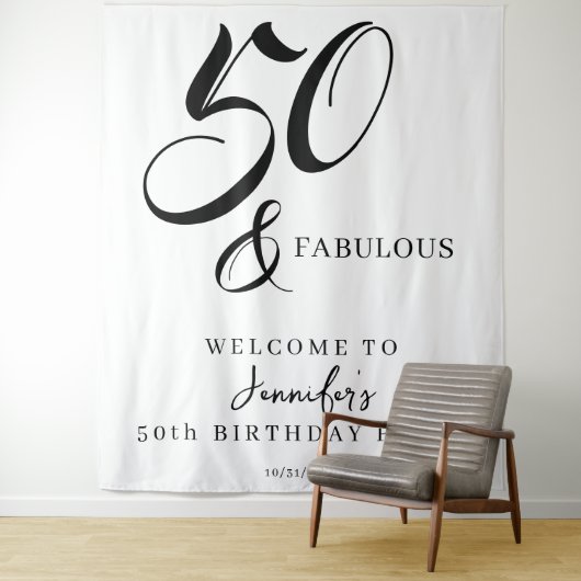 Modern Elegant Black White Fifty Fabulous Birthday Wandkleed (In situ)