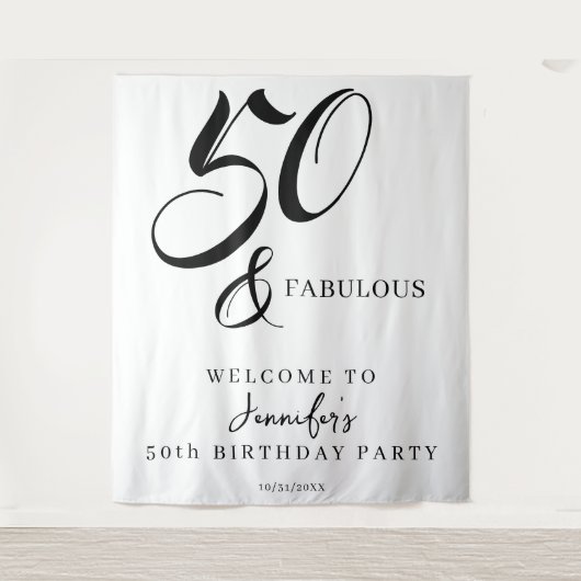 Modern Elegant Black White Fifty Fabulous Birthday Wandkleed (Voorkant)