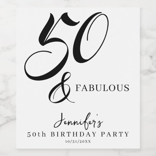 Modern Elegant Black White Fifty Fabulous Birthday Wijn Etiket (Enkel label)