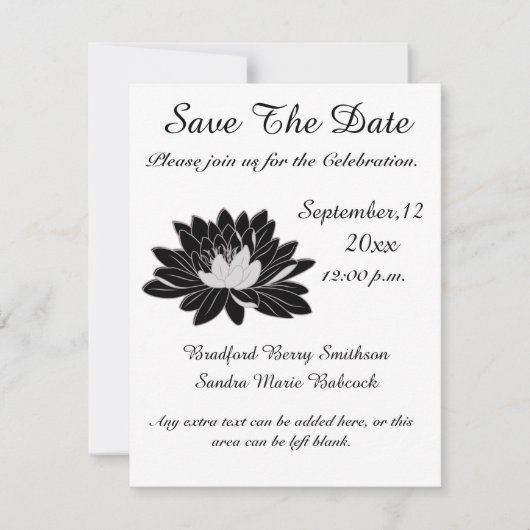 Modern Elegant, Black White Floral Waterlily Save The Date (Voorkant)