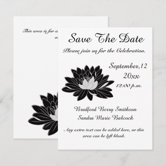 Modern Elegant, Black White Floral Waterlily Save The Date (Voorkant / Achterkant)