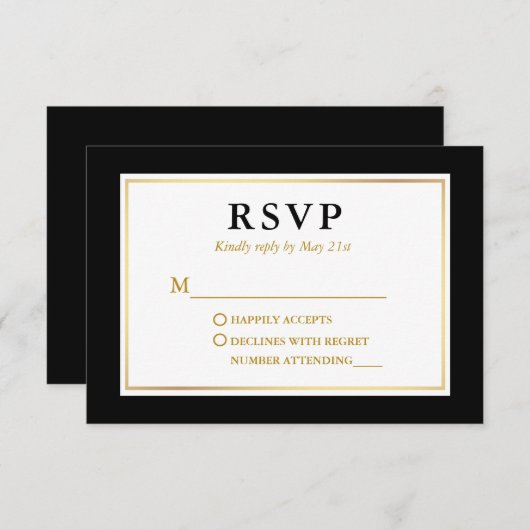 Modern Elegant Black White Gold RSVP Kaartje (Voorkant / Achterkant)
