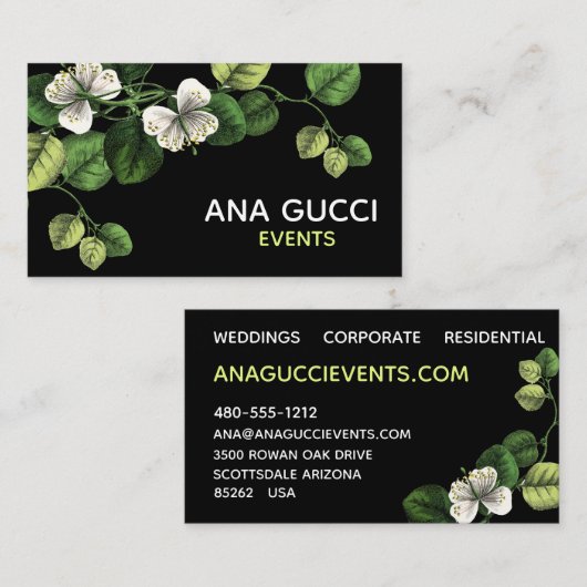 Modern Elegant Black White Green Botanical Floral Visitekaartje (Voorkant / Achterkant)