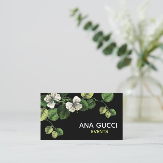 Modern Elegant Black White Green Botanical Floral Visitekaartje (Staand voorkant)