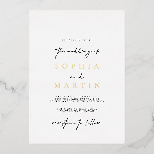 Modern Elegant Black & White Photo Wedding Real Folie Uitnodiging (Voorkant)