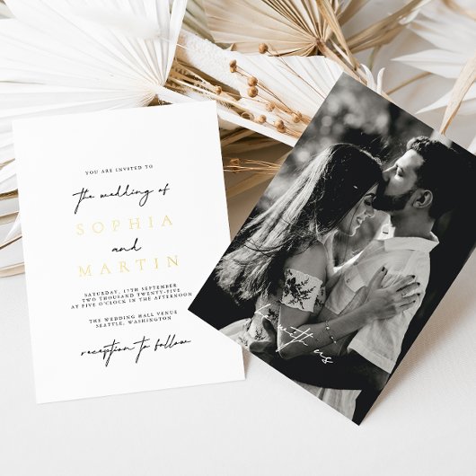 Modern Elegant Black & White Photo Wedding Real Folie Uitnodiging