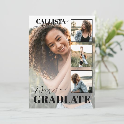 Modern Elegant Black White, vier foto's Afstuderen Aankondiging (Staand voorkant)