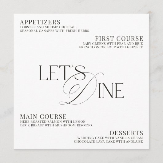 Modern Elegant Black & White Wedding Dinner Menu (Voorkant)