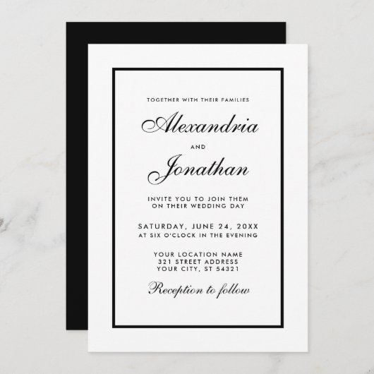 Modern Elegant Black & White Wedding Invitation Kaart (Voorkant / Achterkant)