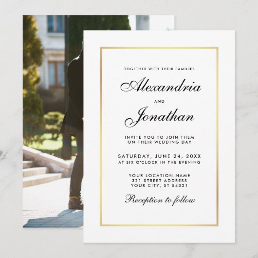 Modern Elegant Black White Wedding Invite - Foto Kaart (Voorkant / Achterkant)