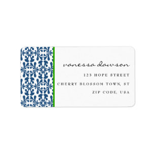 Modern Elegant Blauw Arabesque Damask Gepersonalis Etiket