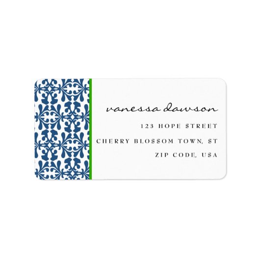 Modern Elegant Blauw Arabesque Damask Gepersonalis Etiket (Voorkant)