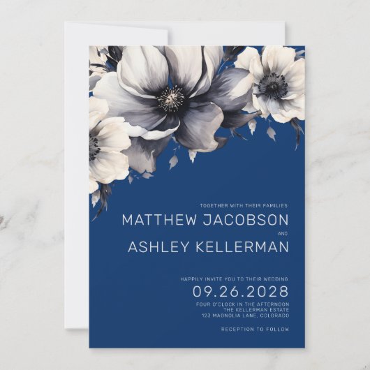 Modern Elegant Blauw Bloemen Bruiloft Kaart (Voorkant)