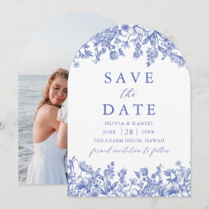 Modern Elegant Blauw  Bloemen Save the Date Kaart