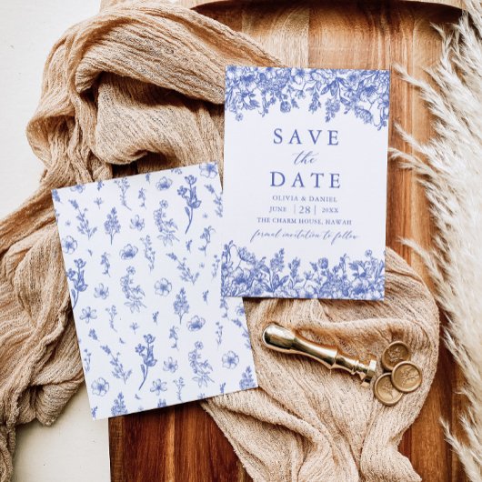 Modern Elegant Blauw Bloemen Save the Date Kaart