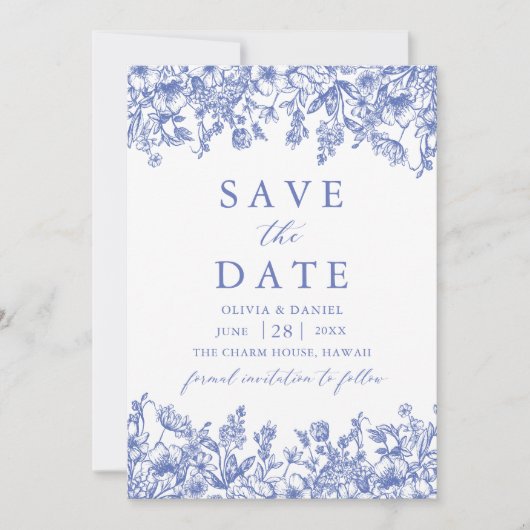 Modern Elegant Blauw Bloemen Save the Date Kaart (Voorkant)