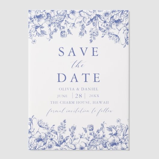 Modern Elegant Blauw Bloemen Save the Date Vellum Uitnodigingen (Voorkant)