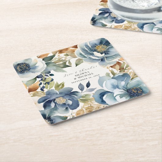 Modern Elegant Blauw en Gouden Herfst Bloemenbruil Kartonnen Onderzetters (Schuin)