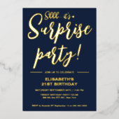 Modern Elegant Blauw & Goud 21e Verrassingsverjaar Folie Uitnodiging (Voorkant)