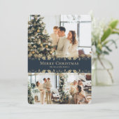 Modern Elegant Blauw Goud Foto Vrolijk Kerstfeest Feestdagenkaart (Staand voorkant)
