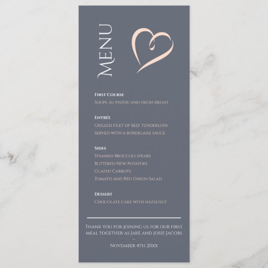Modern elegant blauw met roze hart tafel menu (Voorkant)