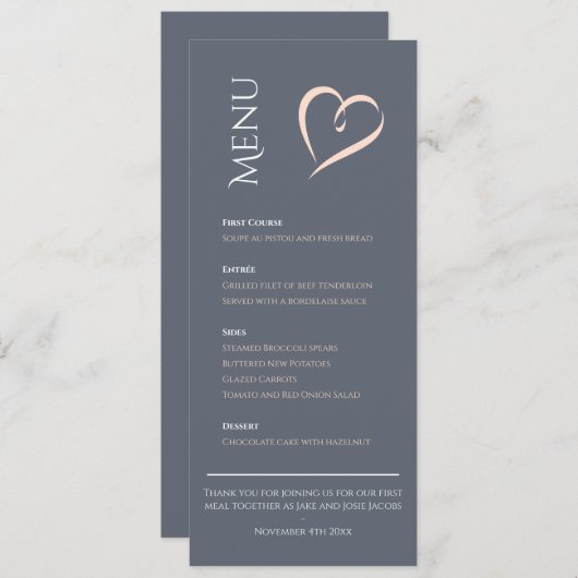 Modern elegant blauw met roze hart tafel menu (Voorkant / Achterkant)
