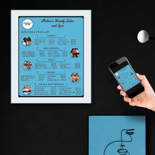 Modern Elegant Blauw Salon Logo & Prijzenlijst Poster