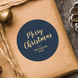 Modern Elegant Blauw Vrolijk Kerstfeest Familie Ronde Sticker