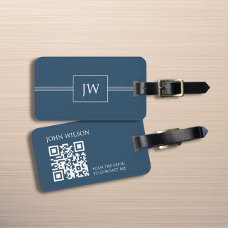 Modern Elegant Blauw Wit Monogram QR Code Bagagelabel