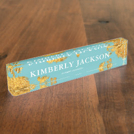 Modern Elegant Blauwgroen Aqua Gold Desk Name Bord Naambordje