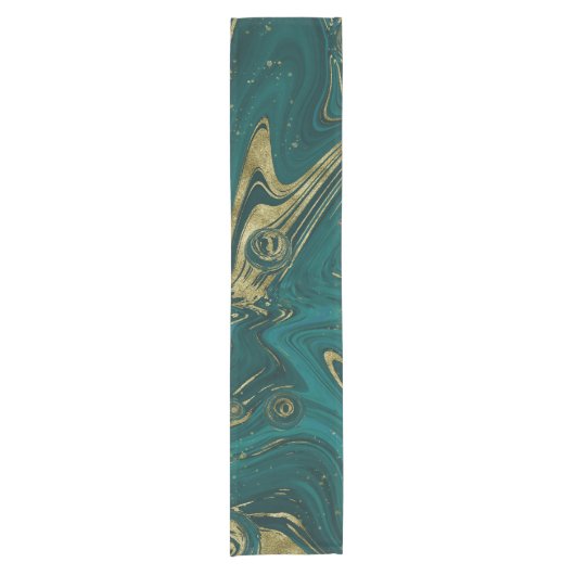 Modern Elegant Blauwgroen Green & Gold Marble Swir Korte Tafelloper (Voorkant)
