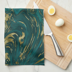 Modern Elegant Blauwgroen Green & Gold Marble Swir Theedoek