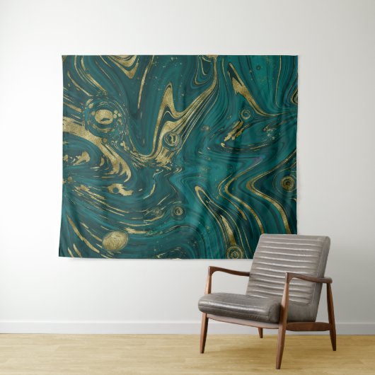 Modern Elegant Blauwgroen Green & Gold Marble Swir Wandkleed (In Situ (horizontaal))