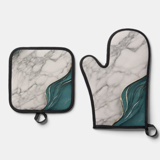 Modern Elegant Blauwgroen Grijs Marmer Ovenwant & Pannenlap Set (Voorkant)