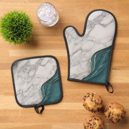 Modern Elegant Blauwgroen Grijs Marmer Ovenwant & Pannenlap Set