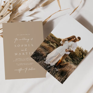 Modern Elegant Bleek Taupe Photo Wedding Invitatio Kaart