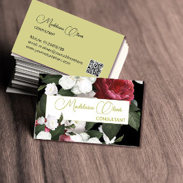 Modern Elegant Bloemen Bourgogne QR Code Goud Visitekaartje