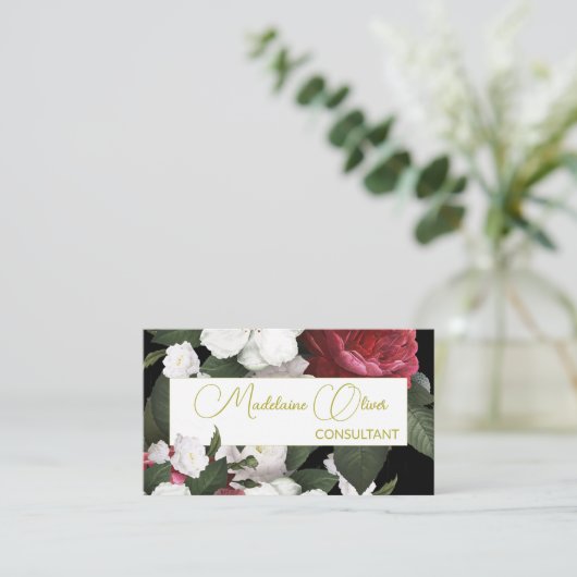 Modern Elegant Bloemen Bourgogne QR Code Goud Visitekaartje (Staand voorkant)