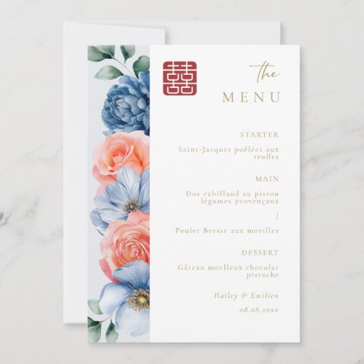 Modern Elegant Bloemen Chinese bruiloft menu Kaart (Voorkant)