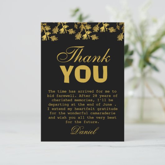 Modern Elegant Bloemen Goud Zwart Pensioenfeest Bedankkaart (Staand voorkant)