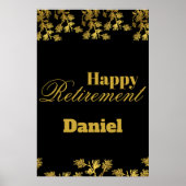 Modern Elegant Bloemen Goud Zwart Pensioenfeest Poster (Voorkant)