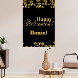 Modern Elegant Bloemen Goud Zwart Pensioenfeest Poster