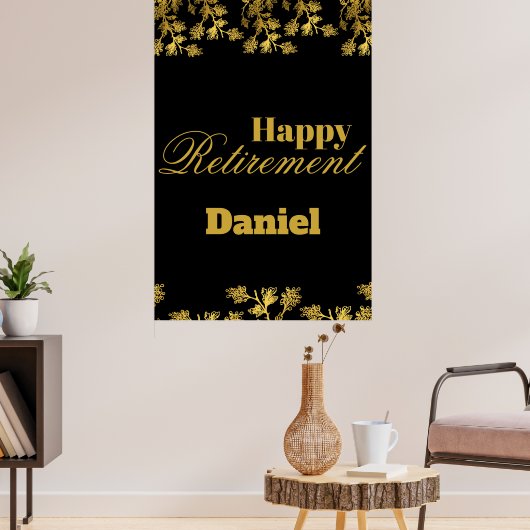 Modern Elegant Bloemen Goud Zwart Pensioenfeest Poster (Woonkamer 3)
