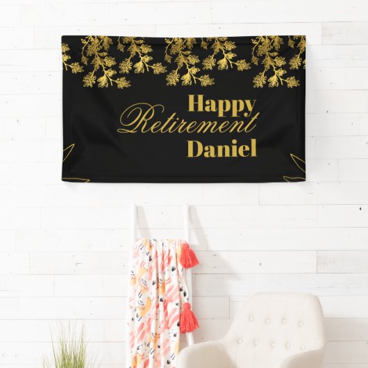 Modern Elegant Bloemen Goud Zwart Pensioenfeest Spandoek (Insitu)